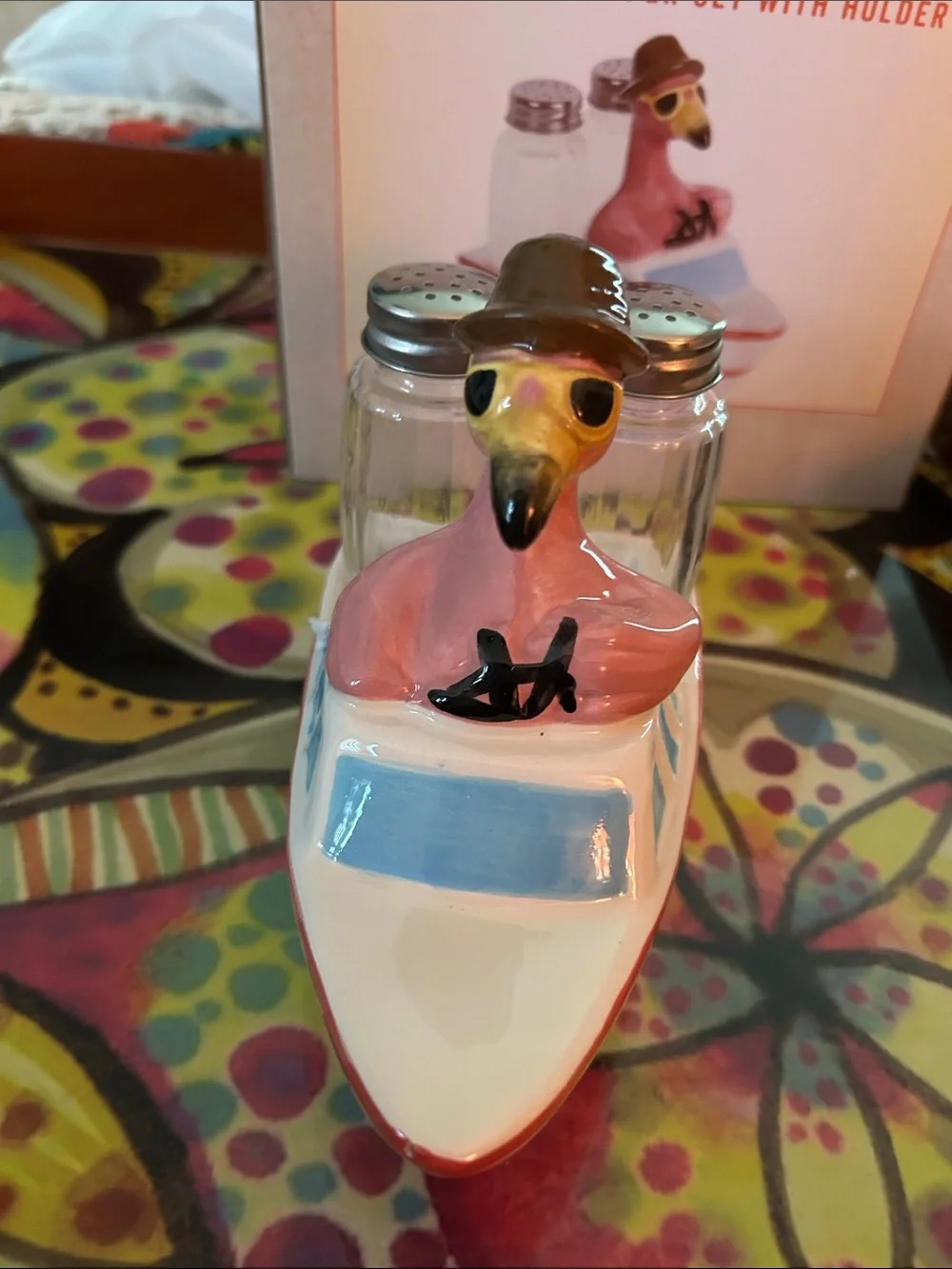 Pink Flamingo Salt & Pepper Set with Boat Holder
